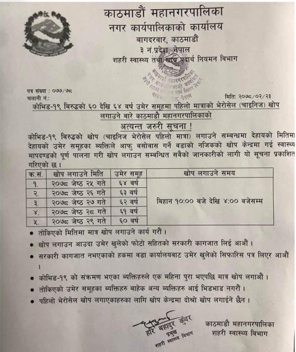 चीनबाट ल्याइएको खोपको पहिलो मात्रा ५ दिनसम्म लगाइने, कुन दिन कुन उमेर समूहले लगाउने ?